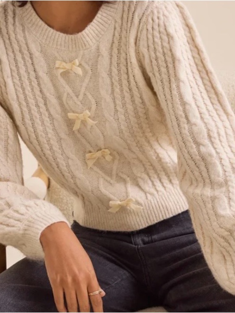 Altar'd State Cream Cable-Knit Sweater with Bow Accents